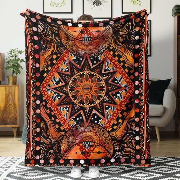 Orange Geometric Art Throw Blanket, Hippie Abstract Sun and Moon - Picture 2 of 4